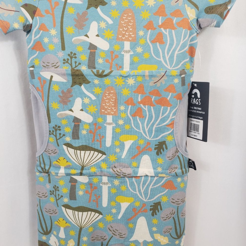 RAGS Short Sleeved Hooded Blue Romper with Printed Mushrooms, & Kangaroo Pocket - Picture 3 of 9